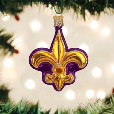 Mardi Gras Purple Fleur de Lis Glass Glitter Ornament  3.5'' Old World