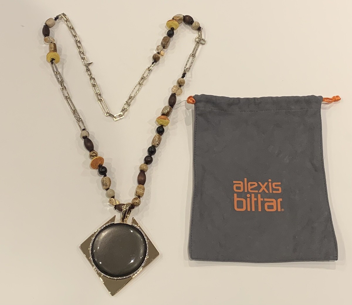 Alexis Bittar Large Lucite Pendant Beaded Gold Crystal Chain 14K Gold  Plated