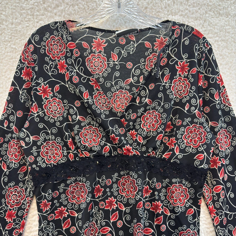 Top Y2K Vintage Grande XL Negro Rojo Floral Manga Acampanada Hada Grunge Capricho Foto 3 de 4
