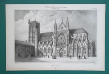 FRANCE St. Stephen's Cathedral at Sens - 1840 SCARCE Litho Print