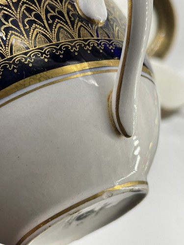 Soho pottery Solian ware Two Handle Cream Soup Bowl Cup Blue Gold Art Deco cathe - Picture 8 of 18