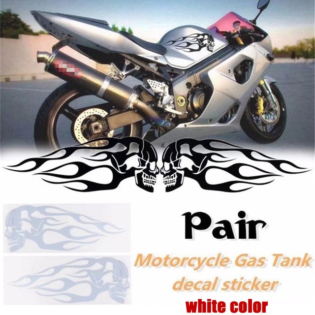 Pair Motorcycle white ghost Skull Flame decal sticker set 13.5"x5