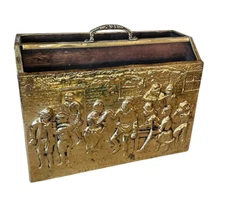Vtg Embossed Hammered Brass wood Magazine Newspaper rack