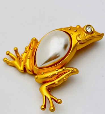 Vintage 1990s Frog Gold Tone Faux Pearl Crystal Pin Brooch