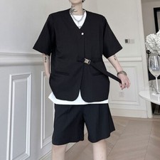 Short Sleeves NoCollar Belt Suit Short Length Pants Black L Size Dark Illuminate