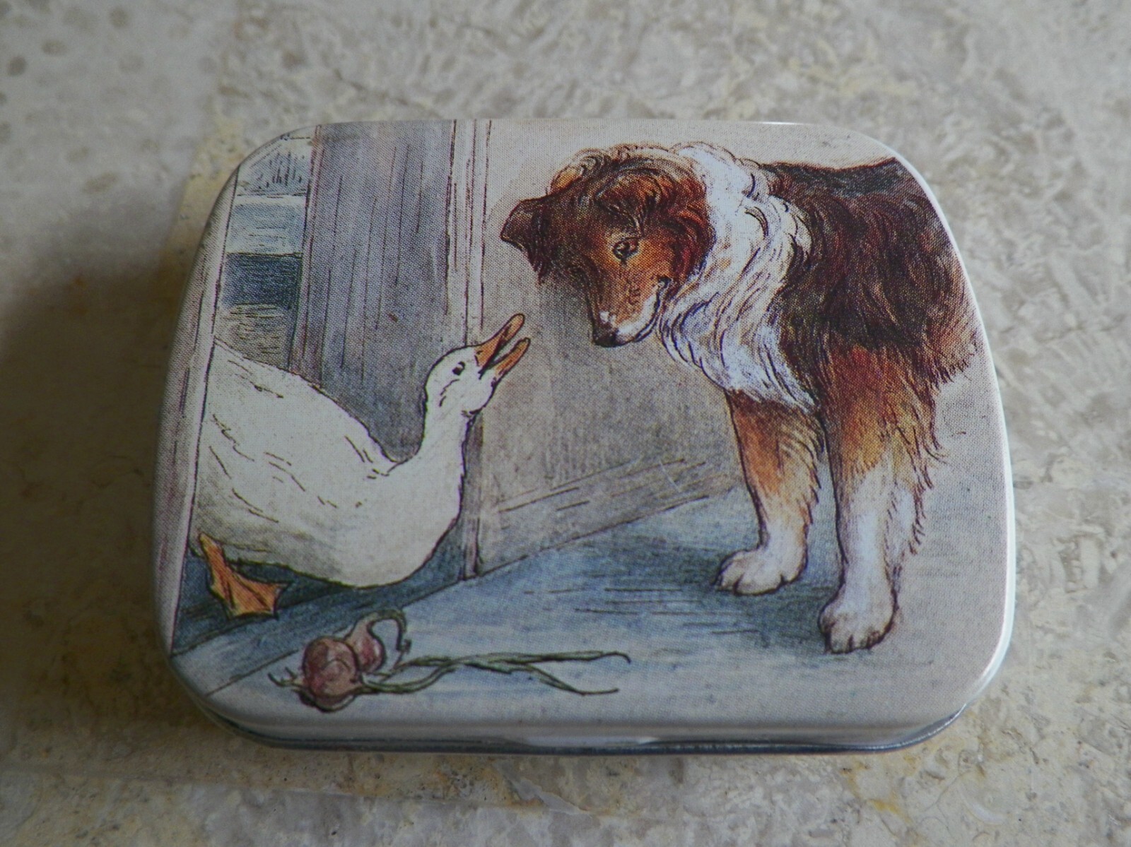 Vintage Miniature Tin Trinket Box Collie Dog Hunkydory Hunky Dory