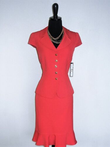 NEW $$$ TAHARI 2PC SKIRT SUIT 10 RED FLARED SKIRT HEM GOLD BUTTONS STYLISH CHIC! - Picture 1 of 9