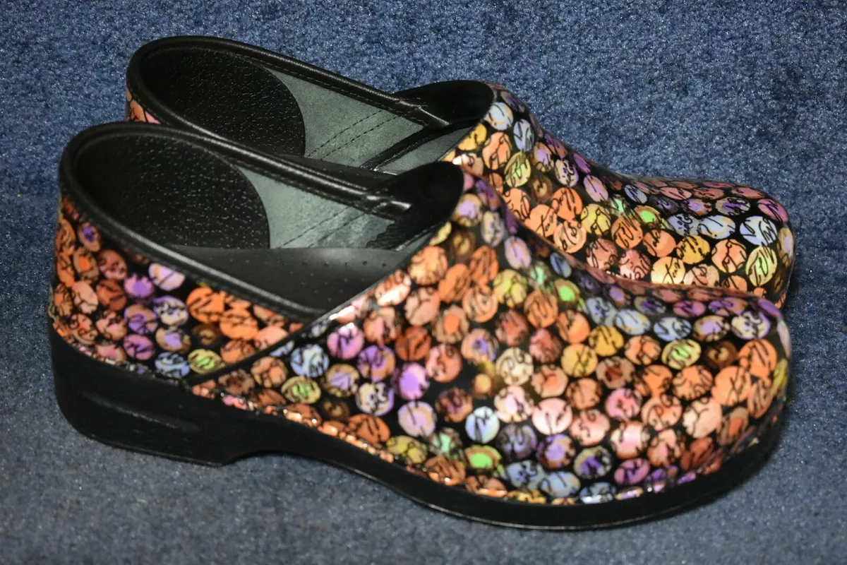 DANSKO Black Multi color Dot Writing Design Clogs Shoes EU 42