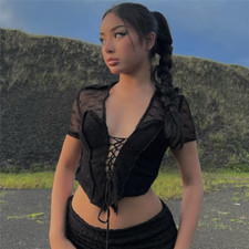 Women's Fashion Trend V-neck Simple Polka Dot Lace-up Short-sleeved T-shirt Tops