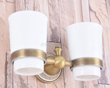 Antique Brass Wall Mounted Bathroom Toothbrush Holders Dual Ceramic Cups wba580