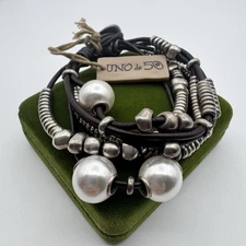 UNO de 50 Orion Silver plated Faux Pearl Brown Leather Multi-strand Bracelet