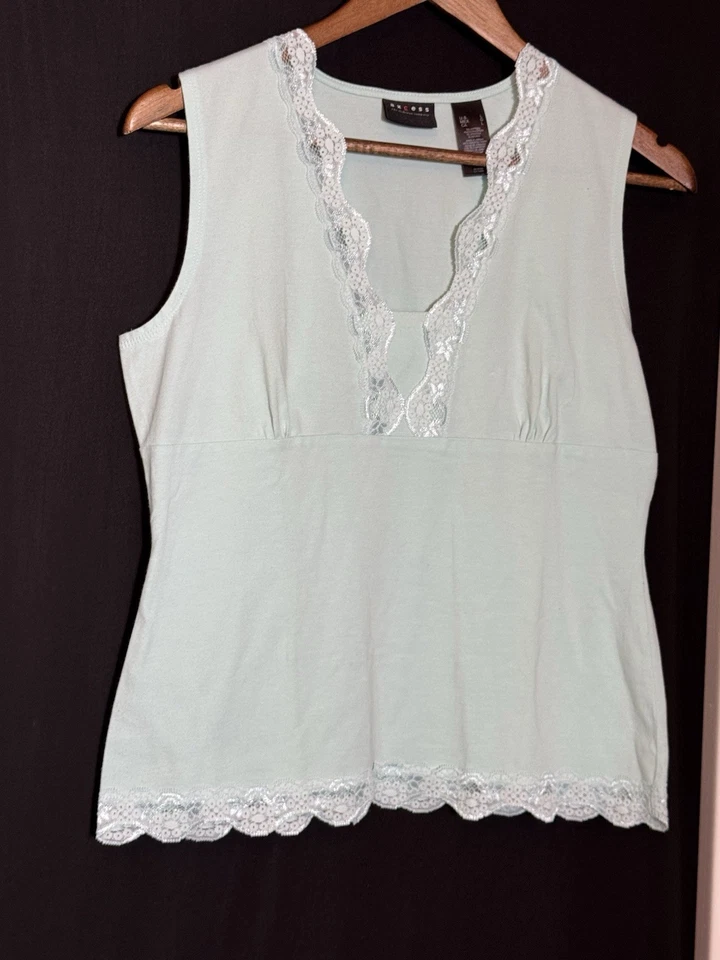 Y2K AXCESS Babydoll Tank Top Sz L Blue 90s Coquette Lace Trim Ballet Fairy Sexy - Image 3 of 4