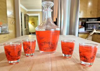 Vintage Asian theme Liquor Decanter Orange with 4 Shot Glasses stamped FRANCE 19