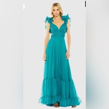 Mac Duggal 67011 Teal Ruffle Sleeve Open Back Gown NWT Size 12