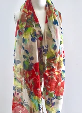 FANTAS-EYES Floral SCARF Wrap 32x70 Rectangular Polyester Voile Wearable ART