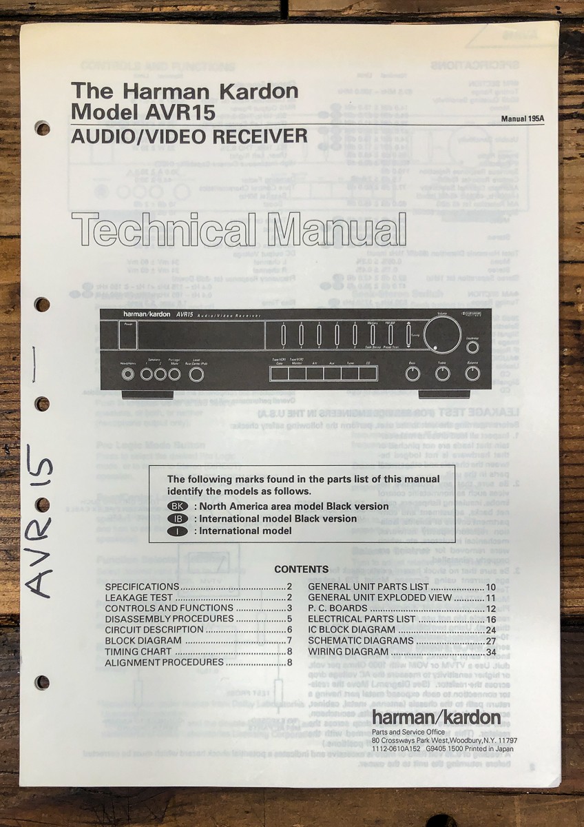 Harman Kardon HK AVR-15 AVR15 Receiver Service Manual *Original*
