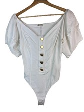Intimately Free People White S Not Basic Puff-Sleeve Gold Button Bodysuit