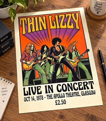 Thin Lizzy Live in Concert Poster, Apollo Theatre Glasgow 1978, A4 Unframed 