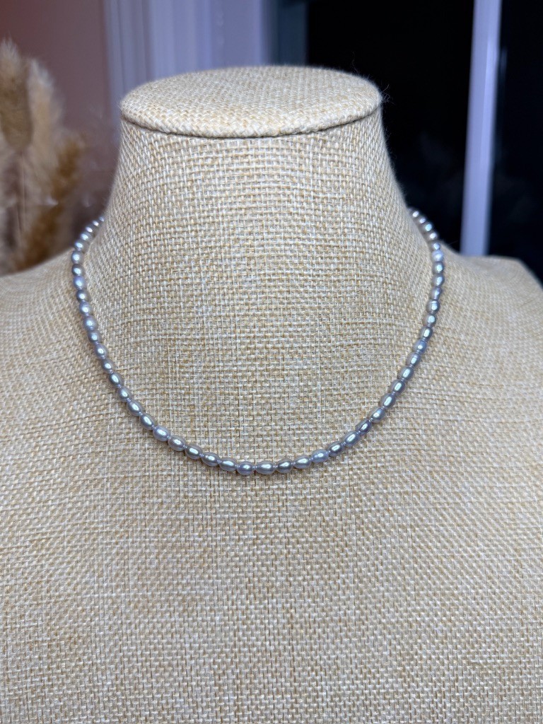 Natural Gray Freshwater Pearl Necklace 4-6mm Oval Rice Pearls 16” Handmade - second product detail image