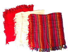 3 Vintage Rayon Fringed SCARVES 1 Red, 1 Ivory, 1 Multi-Stripes 30''sq all nice