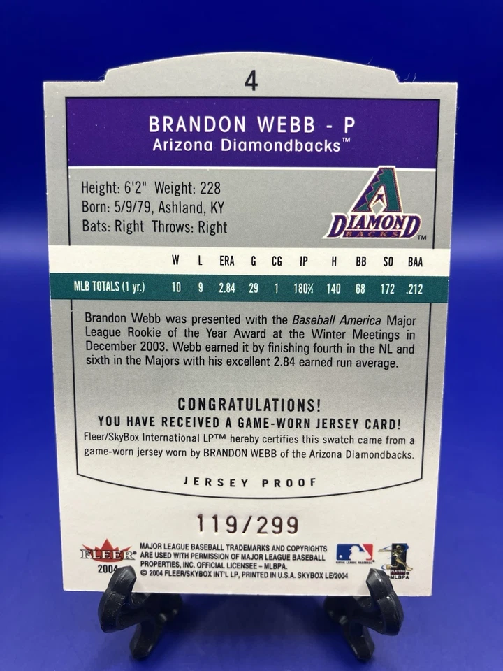Parche Fleer Baseball #4 2004 Brandon Webb usado en juegos/299 Foto 2 de 2