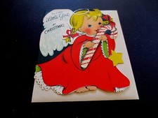 #K552   1 VTG Unused Glittered Die Cut Xmas Greeting Card Angel with Candy Cane