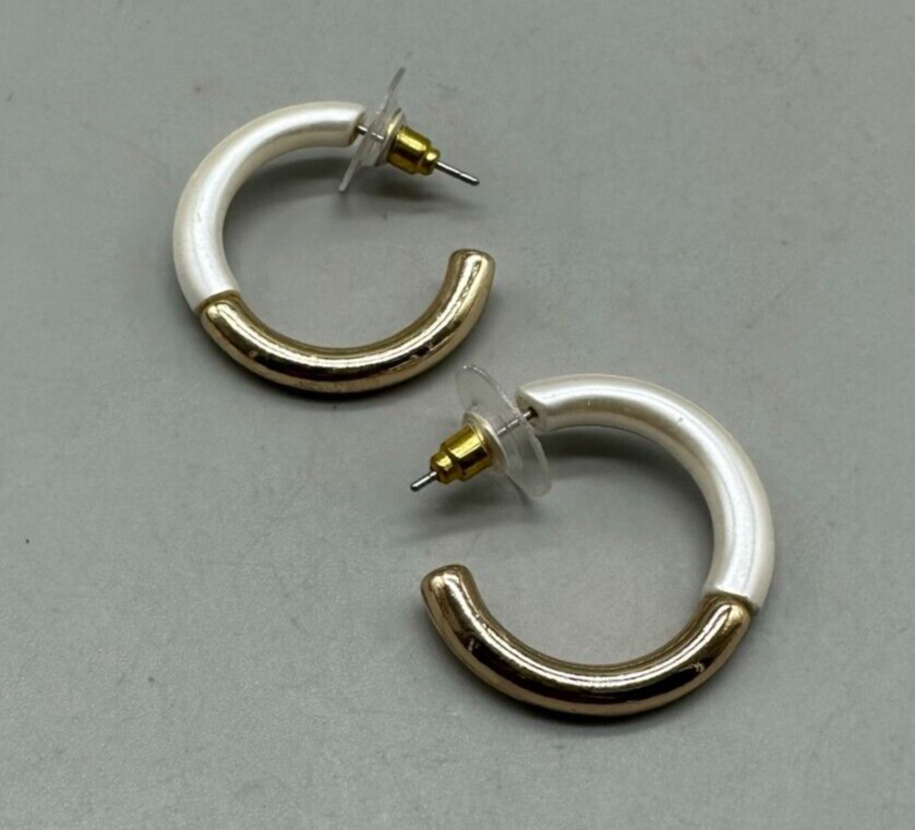 Hoop Earrings White Gold Two Tone Pierced Small Open Back Modest 1