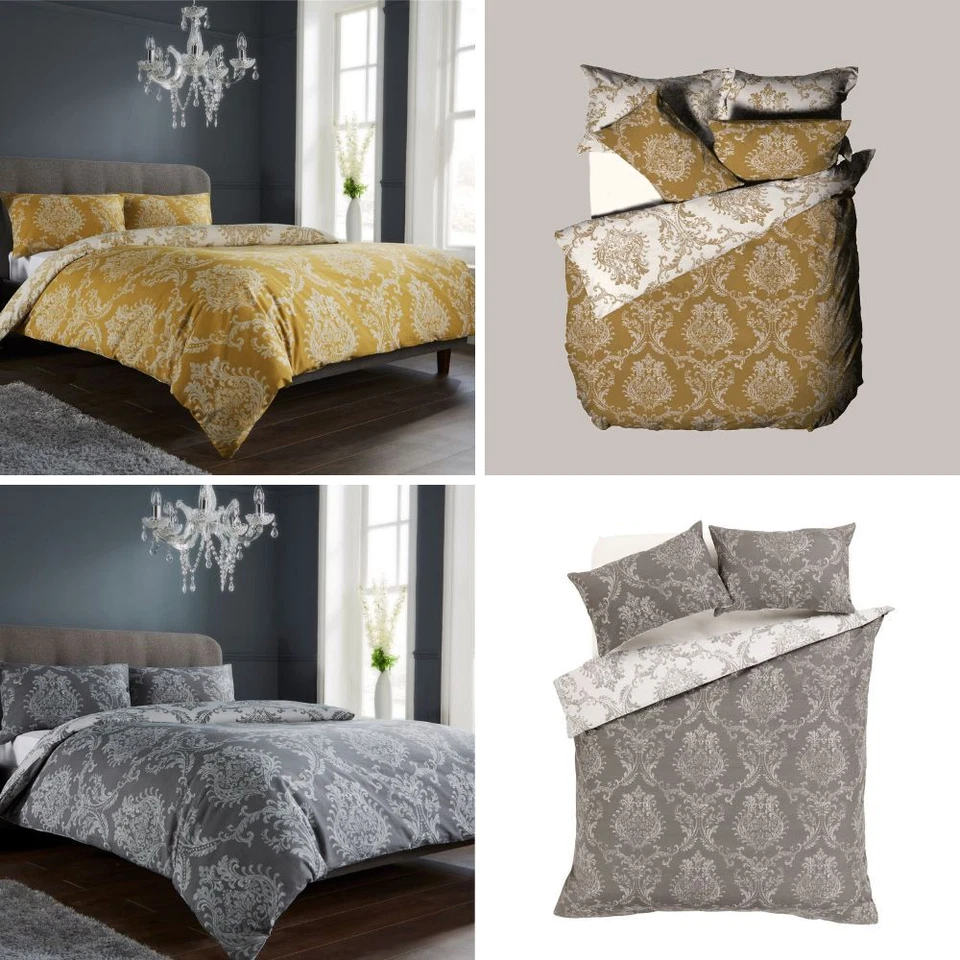 LONDON DREAM Luxury Royal Damask Duvet Cover + Pillowcases, Floral Print Quilt Linen Bed Set