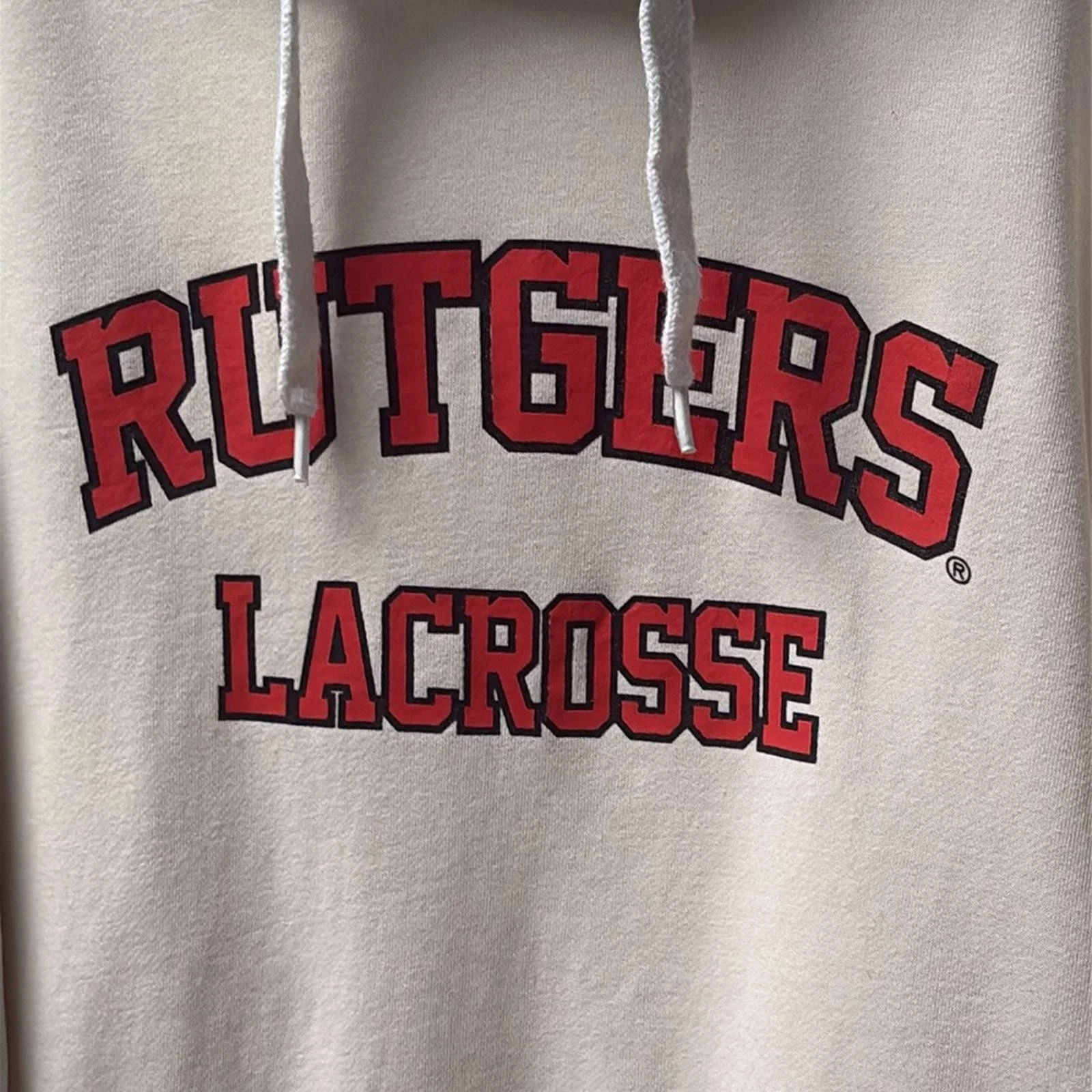 OFF WHITE Pennant Sportswear Rutgers lacrosse panna rosso felpa con cappuccio e loghi donna taglia M!