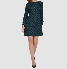 Tommy Hilfiger Women's Green Plaid Round Neck Long Sleeve Bow-Cuff Dress Size 14