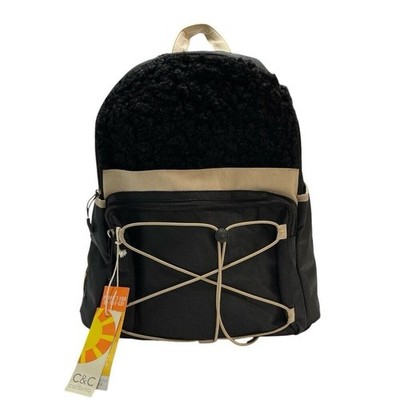 C&C California Black Canvas Faux Shearling Bungee Backpack School Travel Days