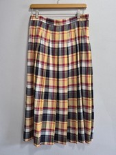 Talbots Vintage Plaid Pleated Yellow Blue Red Midi Skirt Size 12