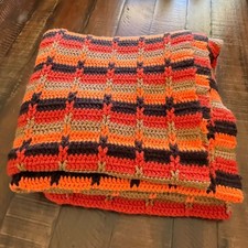 Vintage 70s Crochet Afghan Blanket Large 70x70 Orange Brown Retro Boho Throw