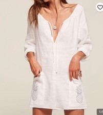 New $198 Reformation Martina Sun Dress 💯 Linen Blue 🍍 Embroidered Medium