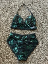 Lace Bralette And Panties Set Size Small Black/Green NWOT