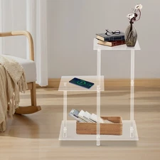 3-Tier Side Table Bedside Table with Open Storage Shelf Clear Side Square Table