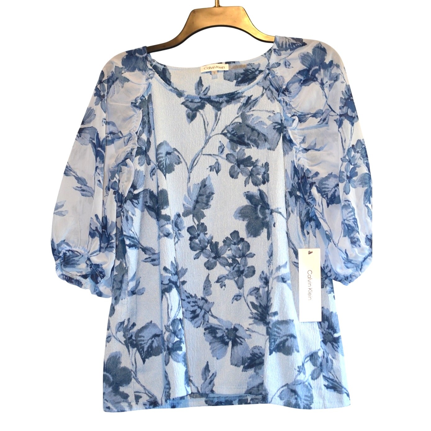 Calvin Klein Women's Floral Puff Sleeve Top in Mixed Blue