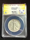 1942 S WALKING LIBERTY HALF DOLLAR ANACS AU 53 DETAILS CLEANED