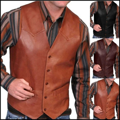 Donsignet Mens Leather Vest V-Neck Single Breasted Casual Sleeveless Vest Jacket