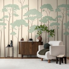 Papier Peint Moderne Mat Et Lisse Avec Forêt Stylisée Et Arbres Graphiques - B