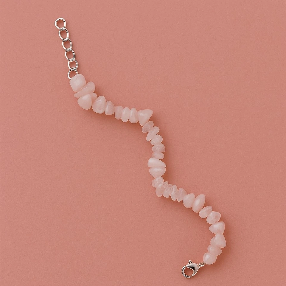 Pulsera de cristal de piedra astillada de cuarzo rosa, acero inoxidable Foto 3 de 4