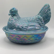 NEW Mosser Georgia Blue Carnival Glass Large Chicken Hen on Nest Covered Dish 7”