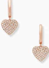 Kate Spade Earrings Yours Truly Pave Heart Drop Huggie Rose Gold Tone Clear CZ