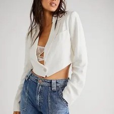 Free People Coco Cropped Blazer White Linen Blend Size M Neutral Minimalist