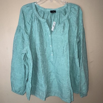 Talbots Plus 2X Women s Top 100% Linen Teal Long Sleeve Button Split Neck NWT