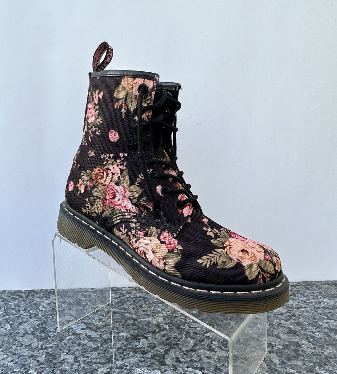 Martens Victorian Rose Antique Floral Black Canvas Combat Moto Boot  Womens
