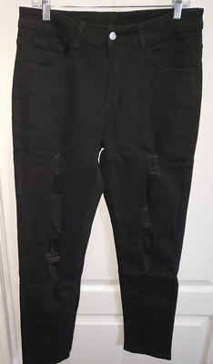 women NEW NWOT black DISTRESSED DENIM JEANS size large pants stretch