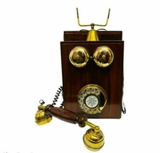 Victorian Nautical Wooden Solid Brass Working Rotary Dial Telephone For Decor