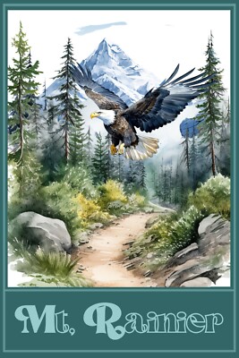 Mount Rainier American Bald Eagle Mountains Trees Wall Art 16 x 24 Travel Poster