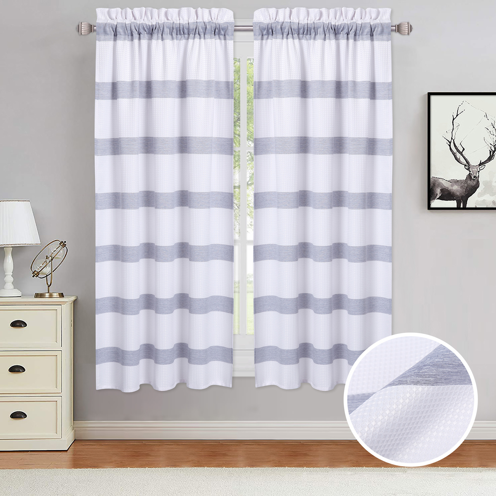 Waffle Weave Cafe Curtains Yarn Dyed Striped Rod Pocket Bathroom Window